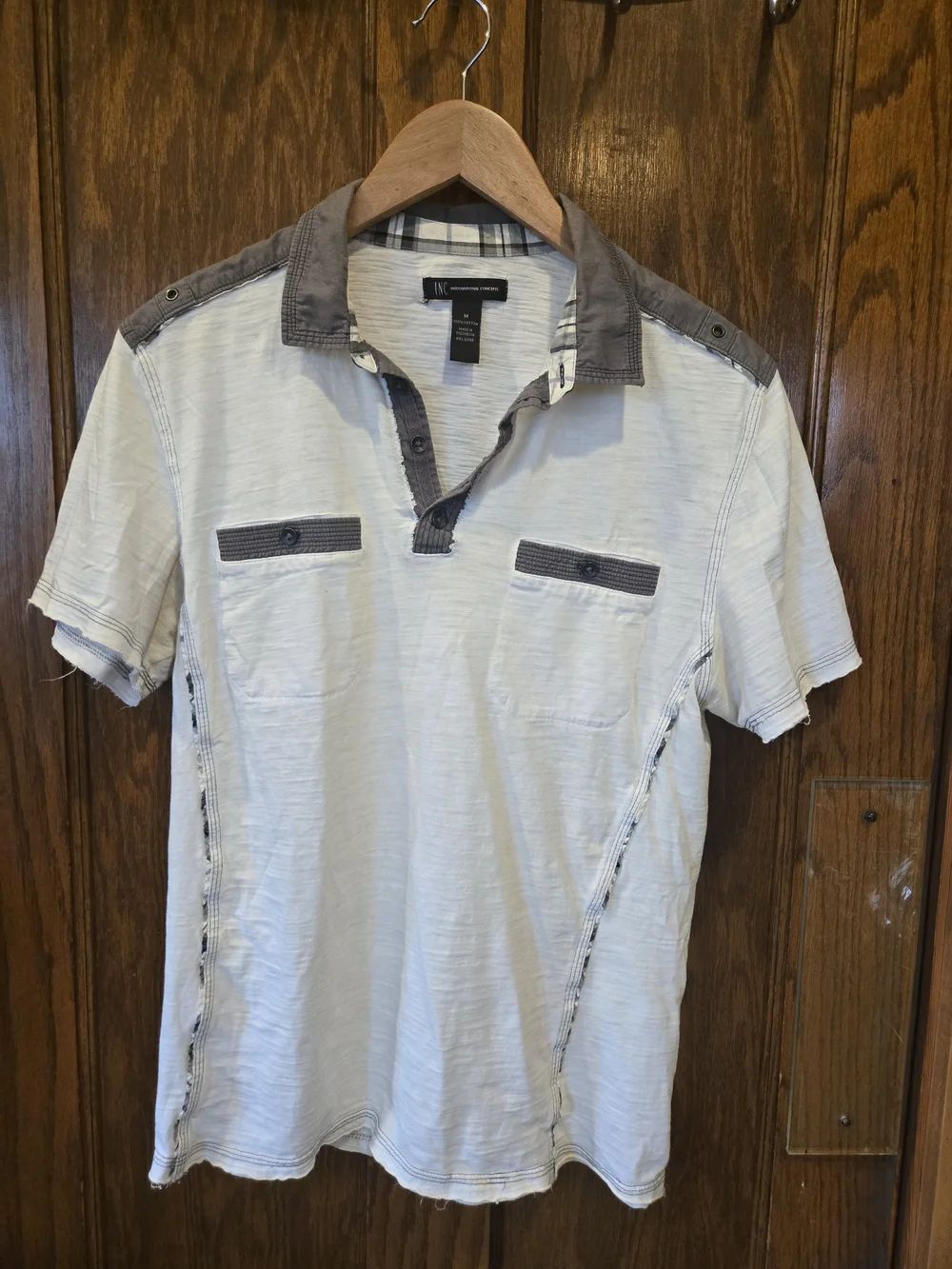 INC International Concepts Off-White Cotton Polo with Gray Accents Medium